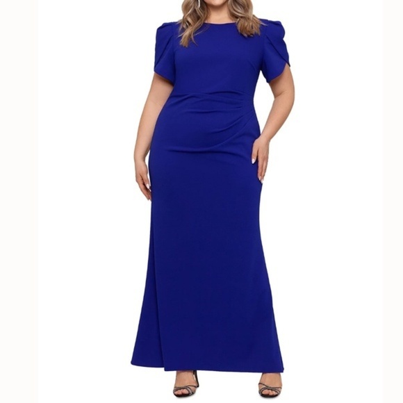 XSCAPE. Plus Size Tulip-Sleeve Gathered-Waist Gown - Picture 1 of 14